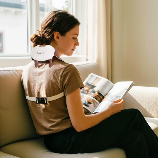 Cordless shiatsu neck massager with heat in use