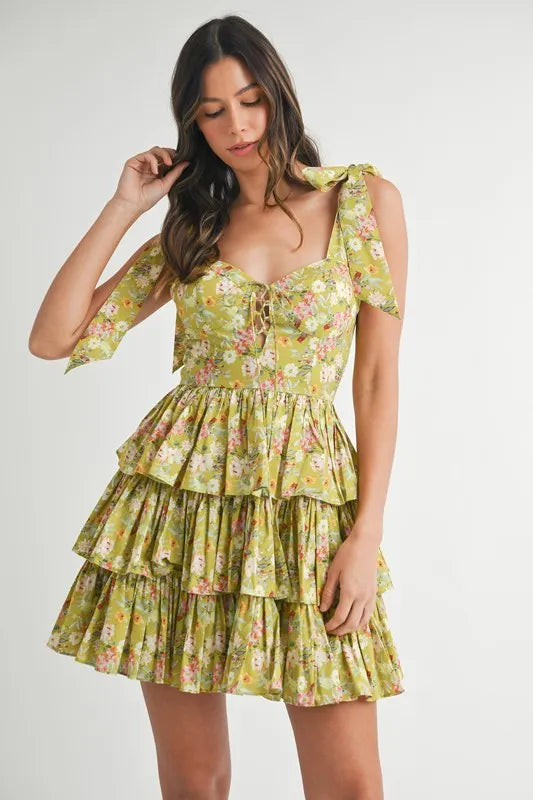 Floral Shoulder Tie Layered Mini Dress
