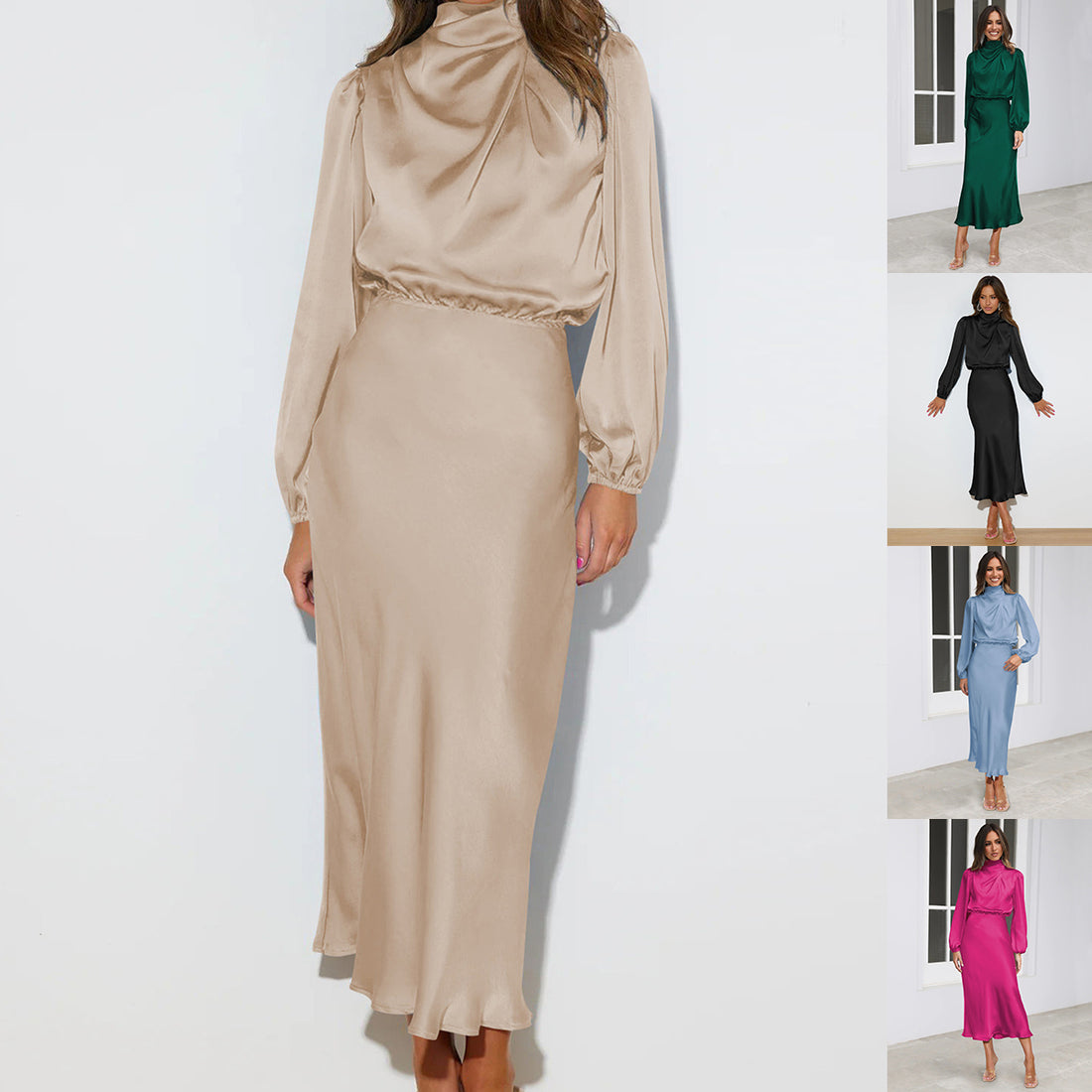 Apricot satin mock neck midi dress, with the other colors shown