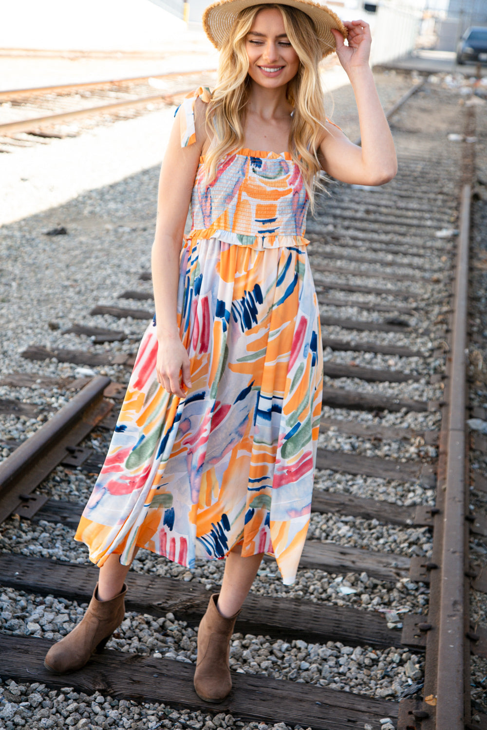 Multicolor Smocked Ruffle Maxi Dress