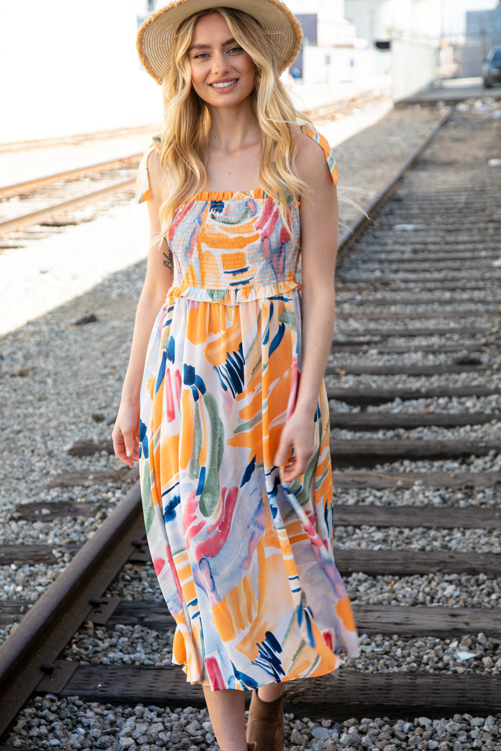 Multicolor Smocked Ruffle Maxi Dress