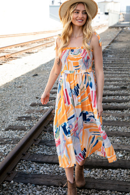 Multicolor Smocked Ruffle Maxi Dress