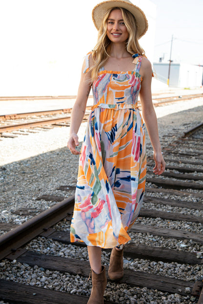 Multicolor Smocked Ruffle Maxi Dress