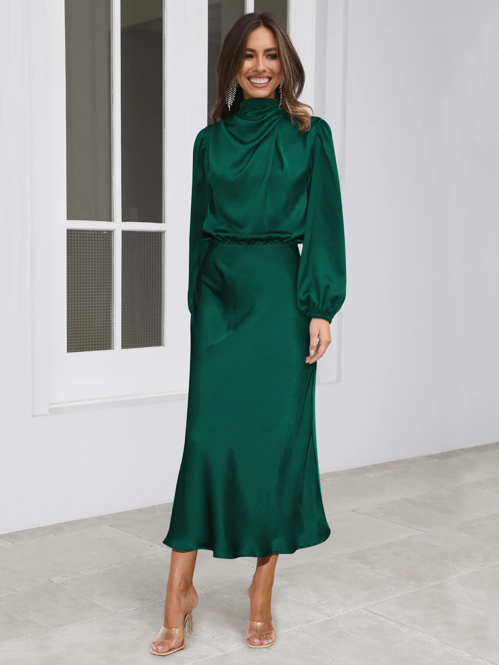 Dark green satin mock neck midi dress