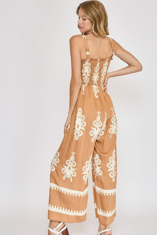 Smocked Printed Wide Leg Jumpsuit