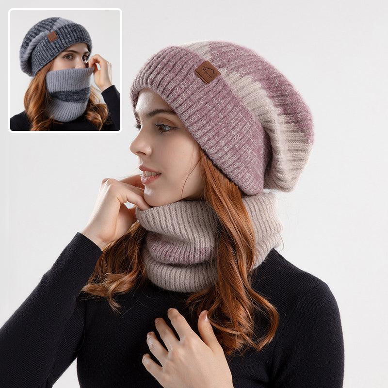 Two-tone pink slouchy knit beanie and neck warmer set