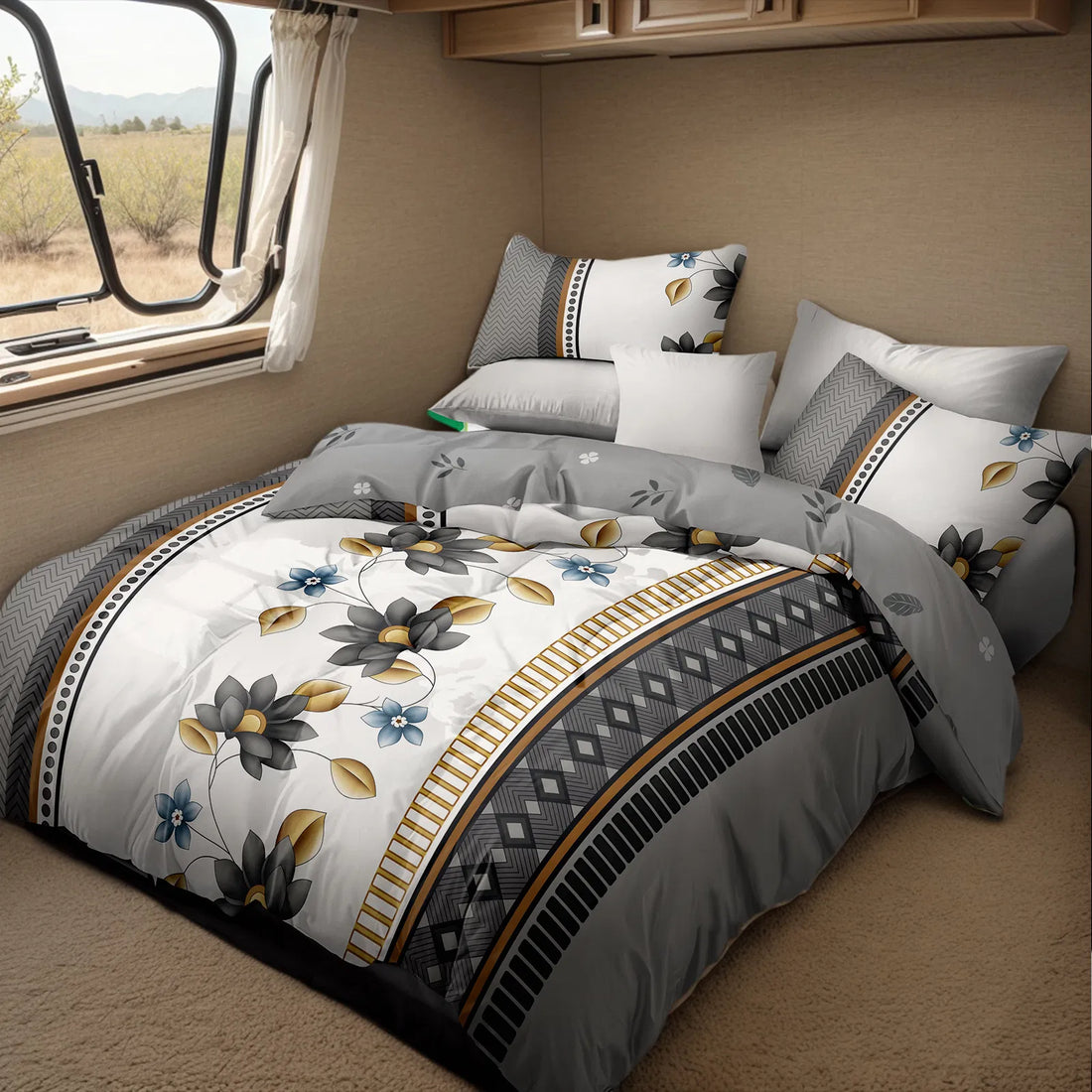 Grey and white floral washed microfiber duvet cover set on a bed