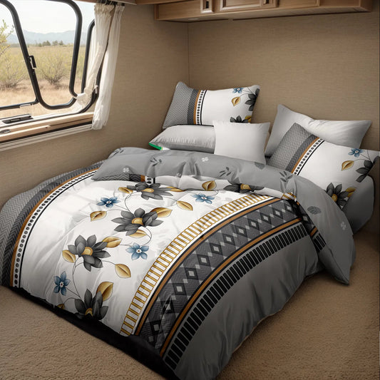 Grey and white floral washed microfiber duvet cover set on a bed