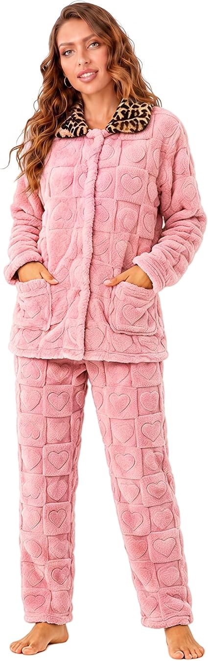 Women's fleece pajama set with leopard trim, view 5