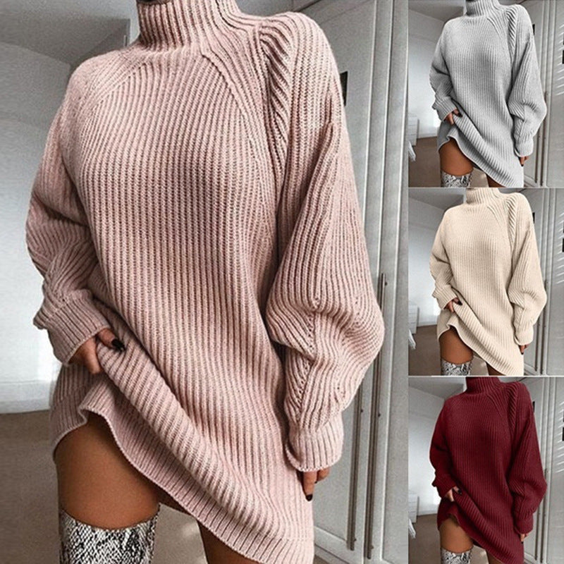 Pink oversized turtleneck sweater dress, with the other colors shown
