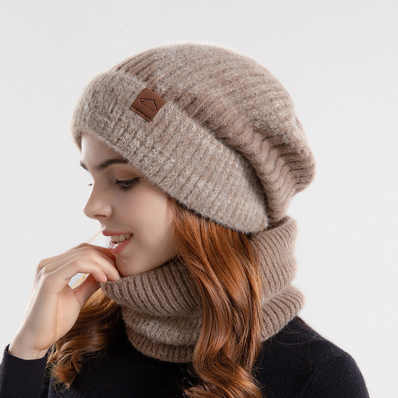 Two-tone khaki slouchy knit beanie and neck warmer set