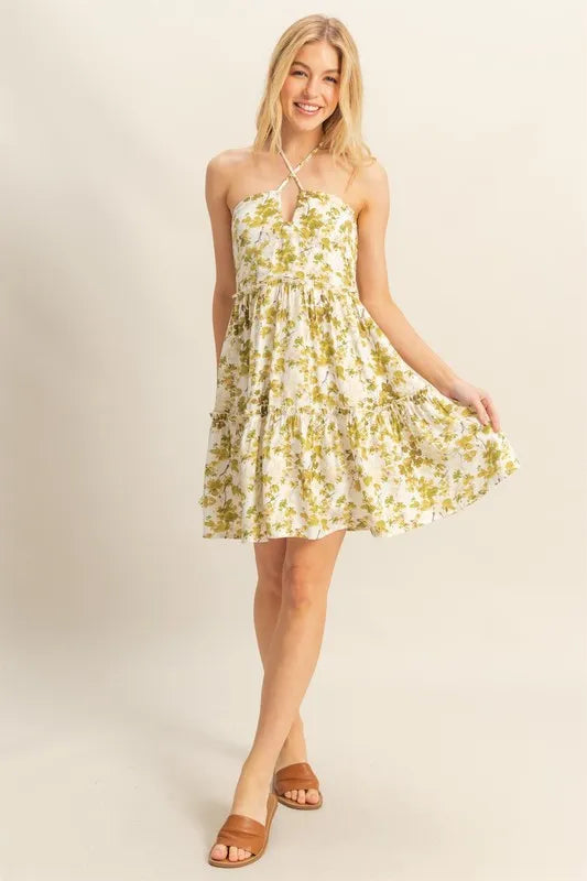 Floral Halter Tiered Mini Dress
