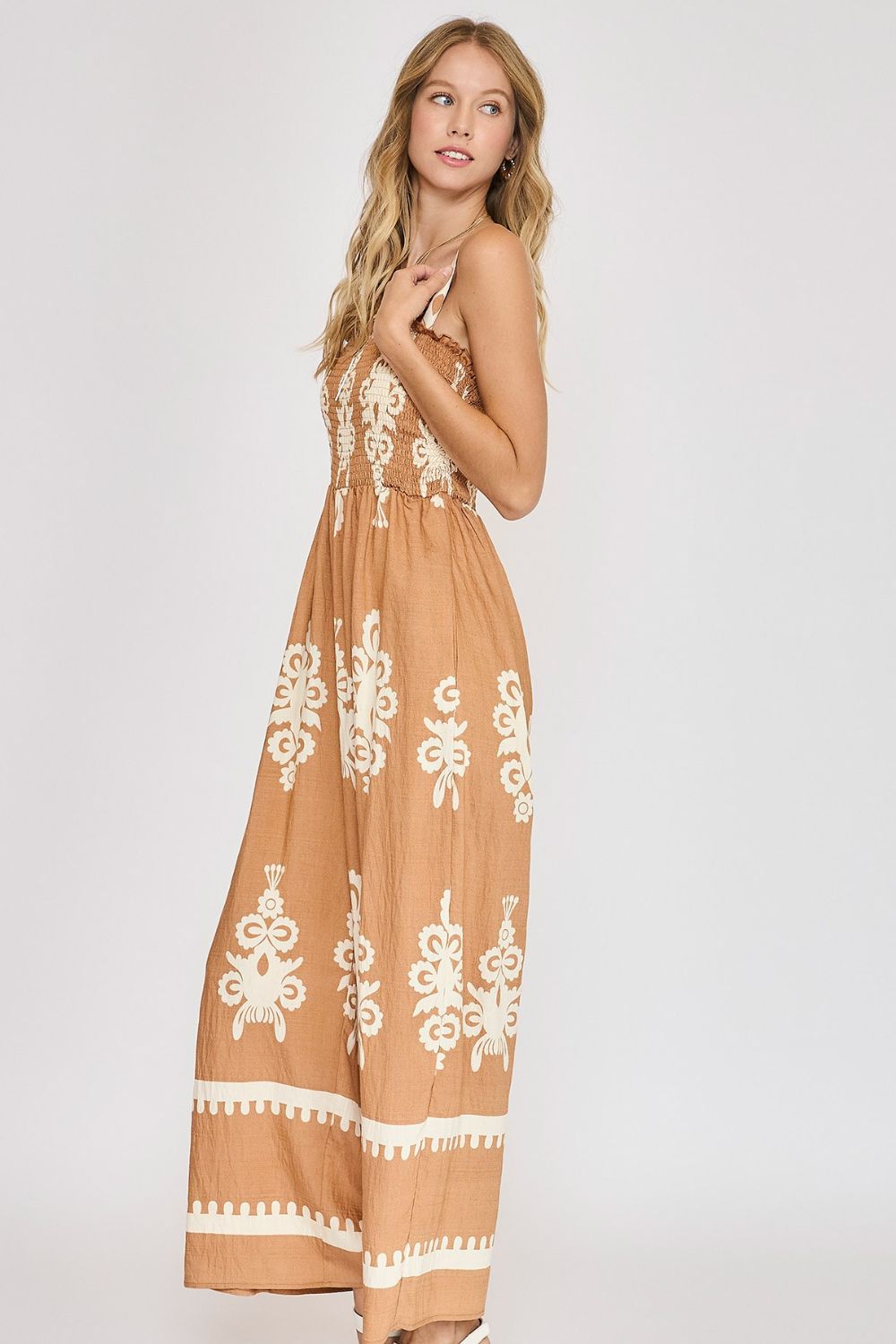 Smocked Printed Wide Leg Jumpsuit