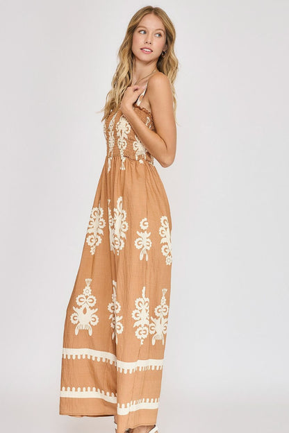 Smocked Printed Wide Leg Jumpsuit