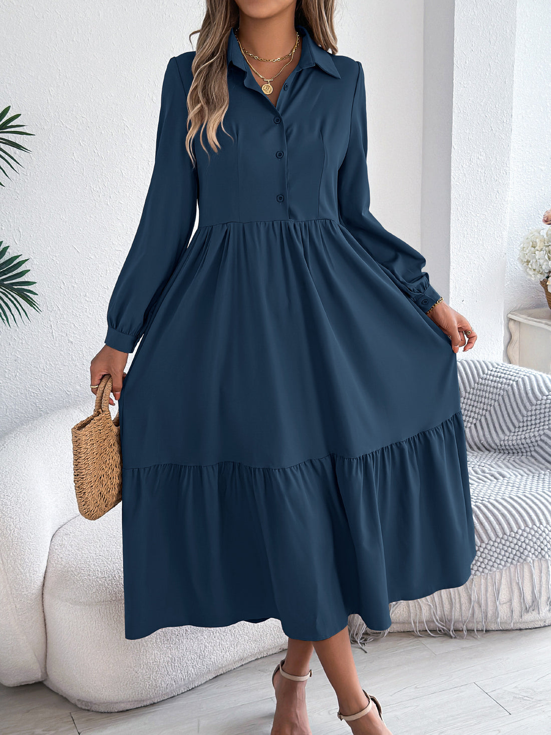 Navy blue tiered shirt dress, full length