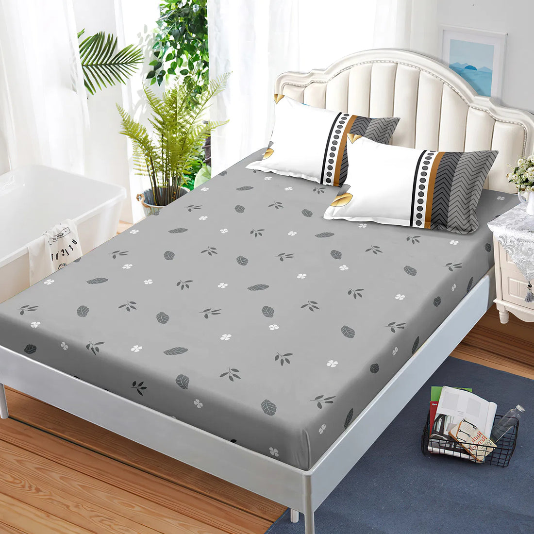 Grey and white floral duvet cover set, view 8