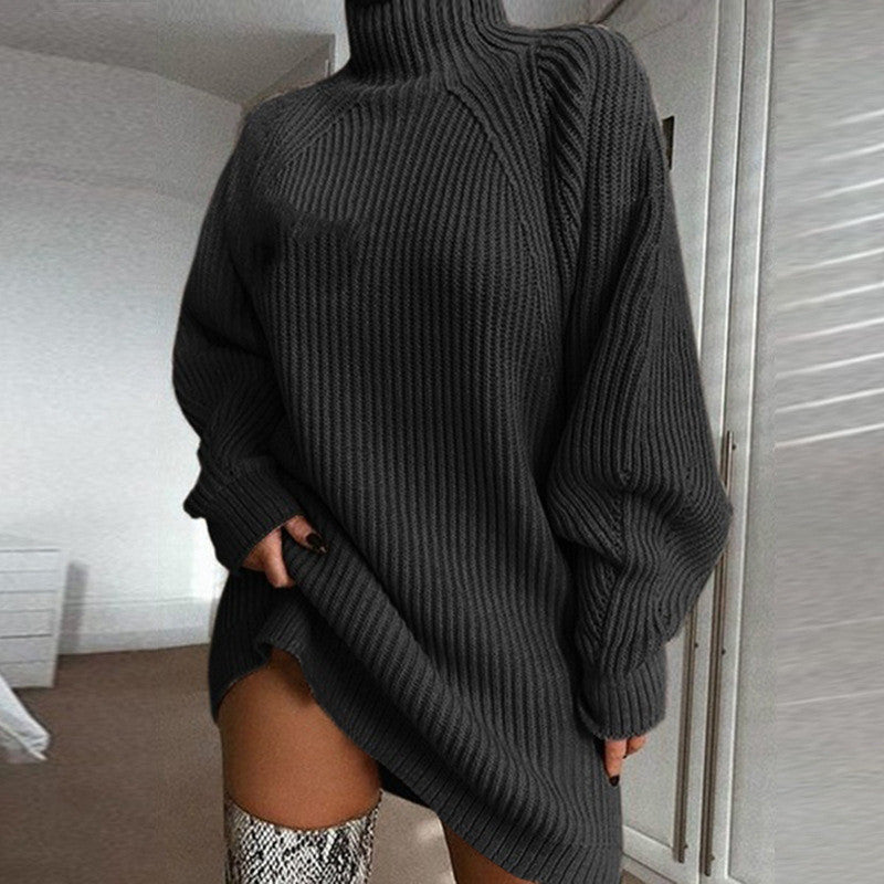 Dark grey oversized turtleneck sweater dress