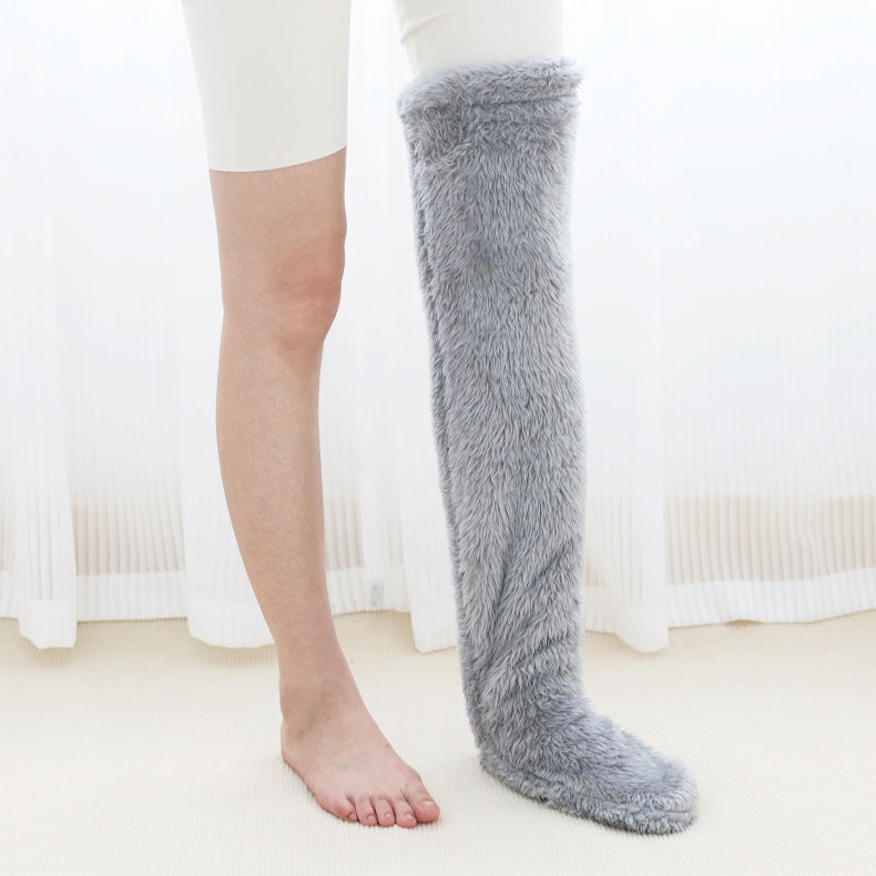 Light gray over-the-knee fuzzy socks, side view