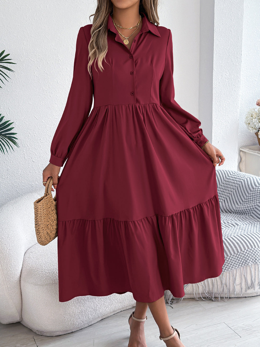 Wine red tiered shirt dress