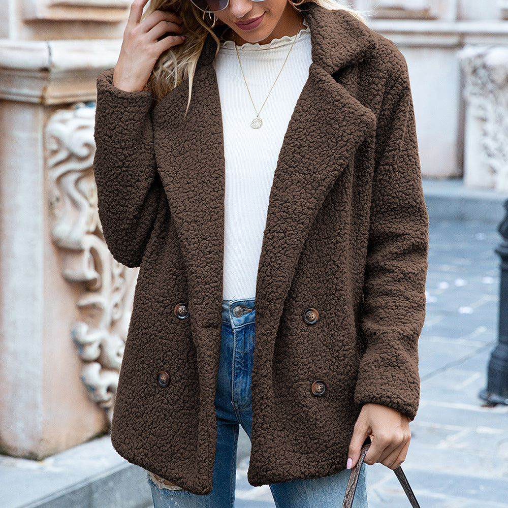Coffee brown teddy fleece jacket with wide lapel