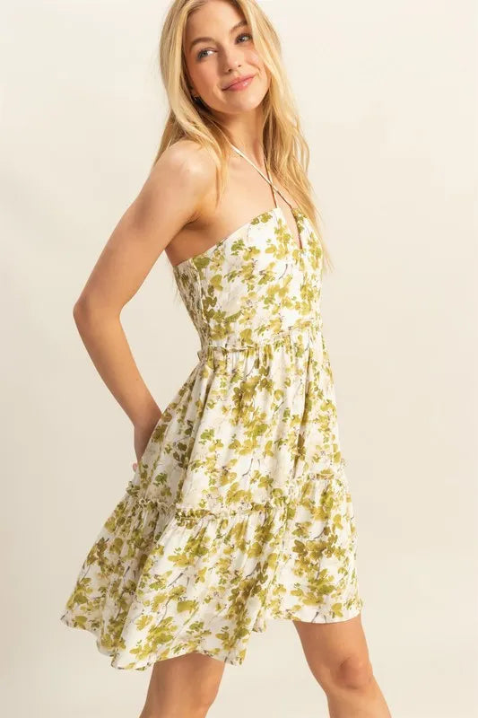 Floral Halter Tiered Mini Dress