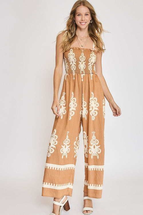 Smocked Printed Wide Leg Jumpsuit