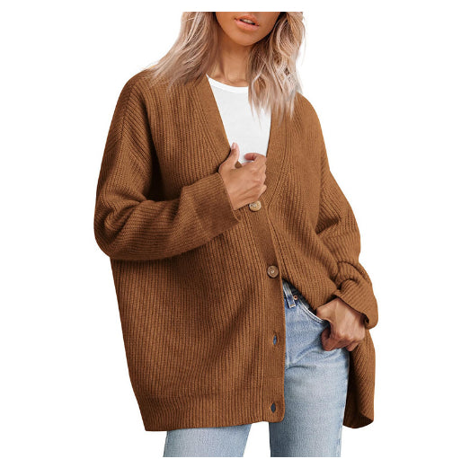 Brown chunky knit V-neck cardigan with jeans