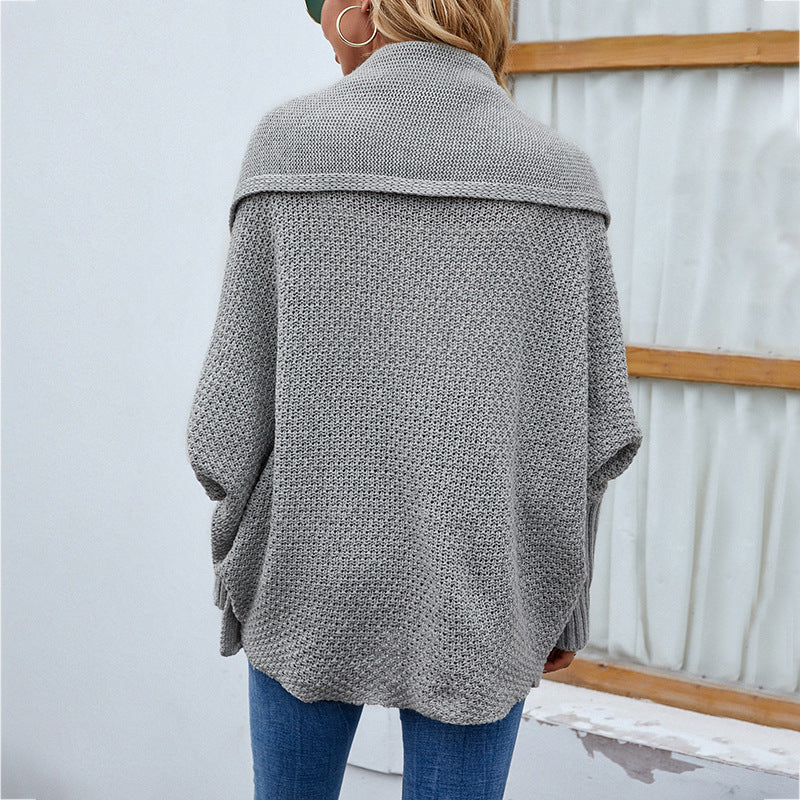 Grey batwing knit cardigan, back with shawl collar