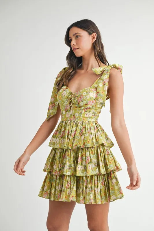 Floral Shoulder Tie Layered Mini Dress