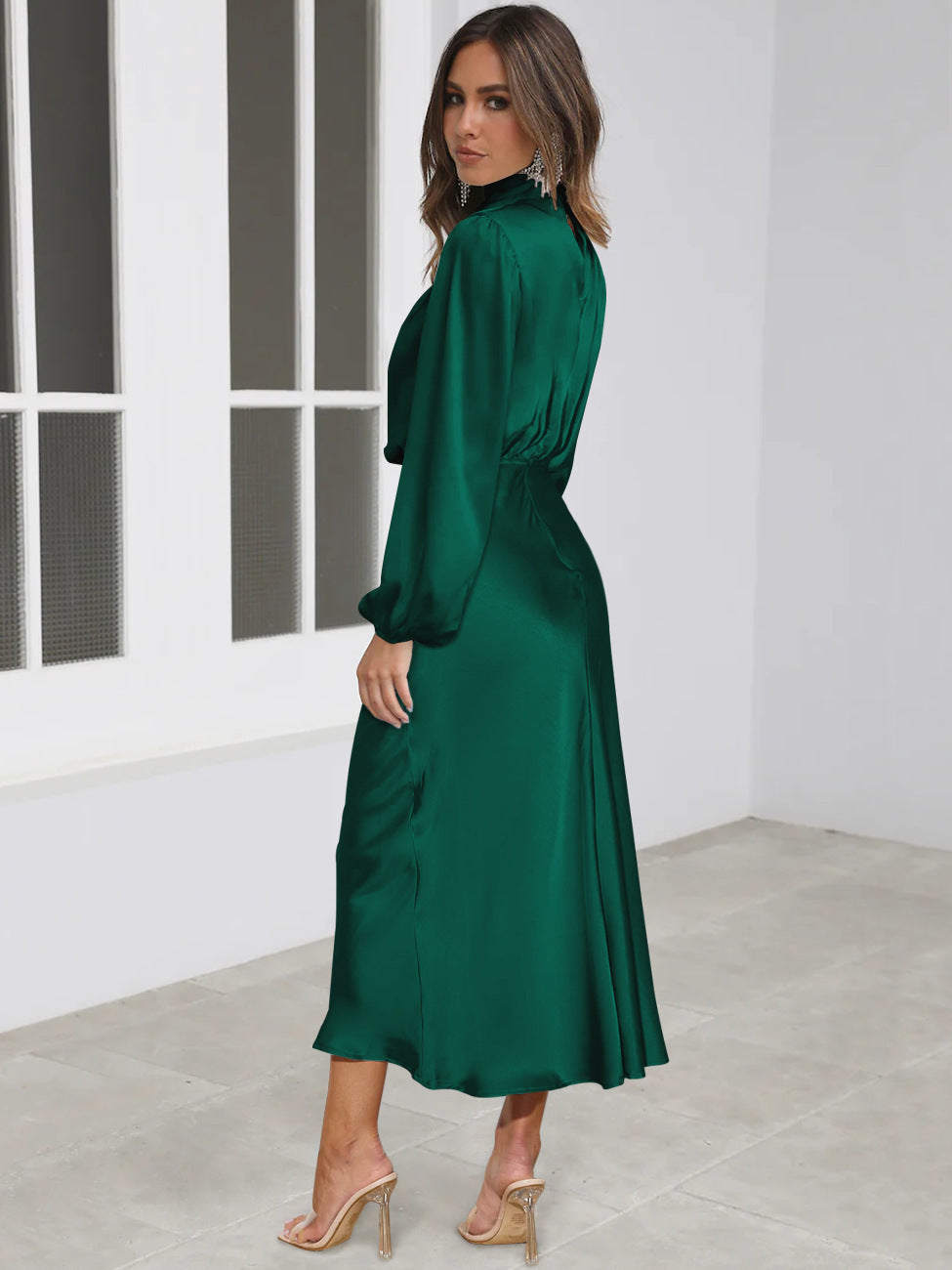 Dark green satin mock neck midi dress, side view