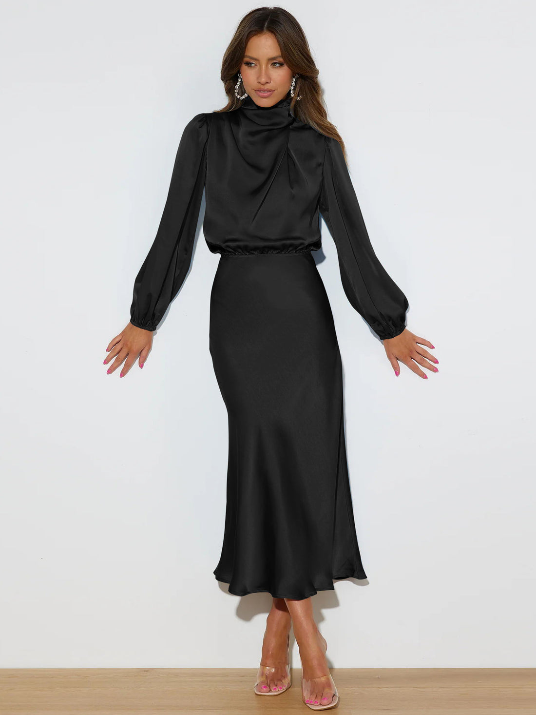 Black satin mock neck midi dress