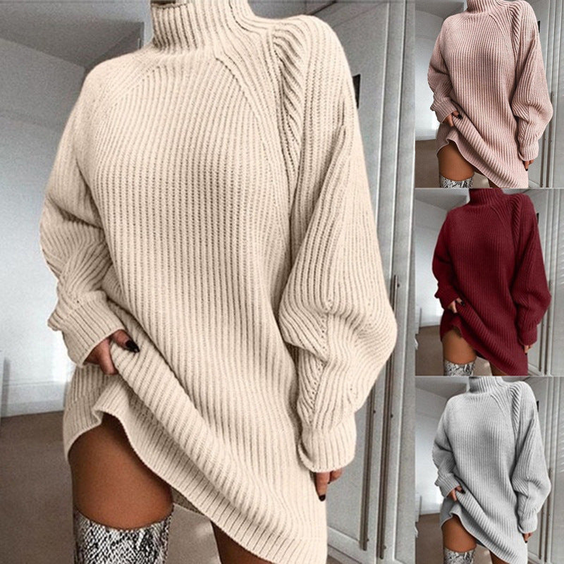 Apricot oversized turtleneck sweater dress, with the other colors shown