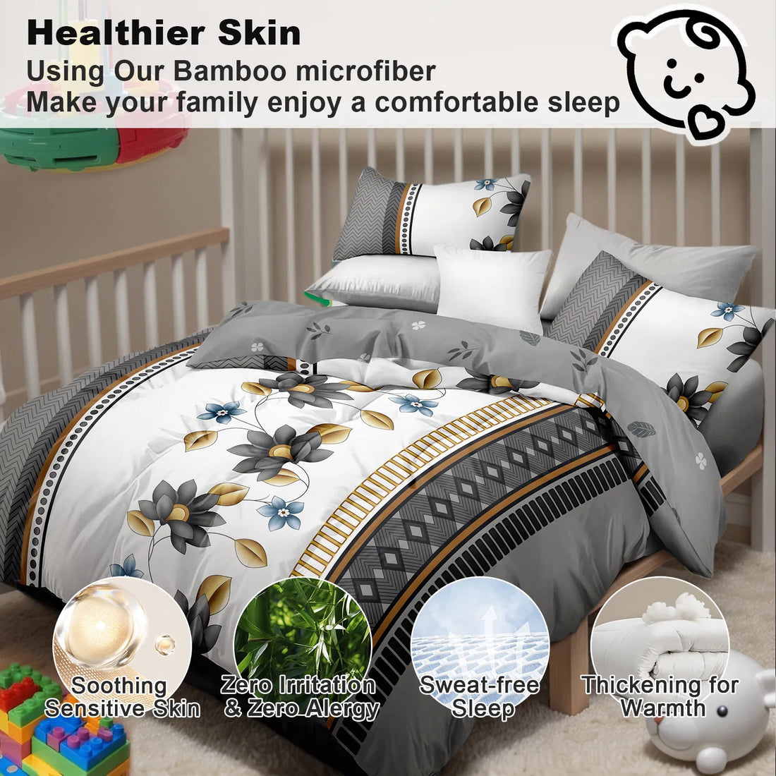 Grey and white floral duvet cover set, view 3
