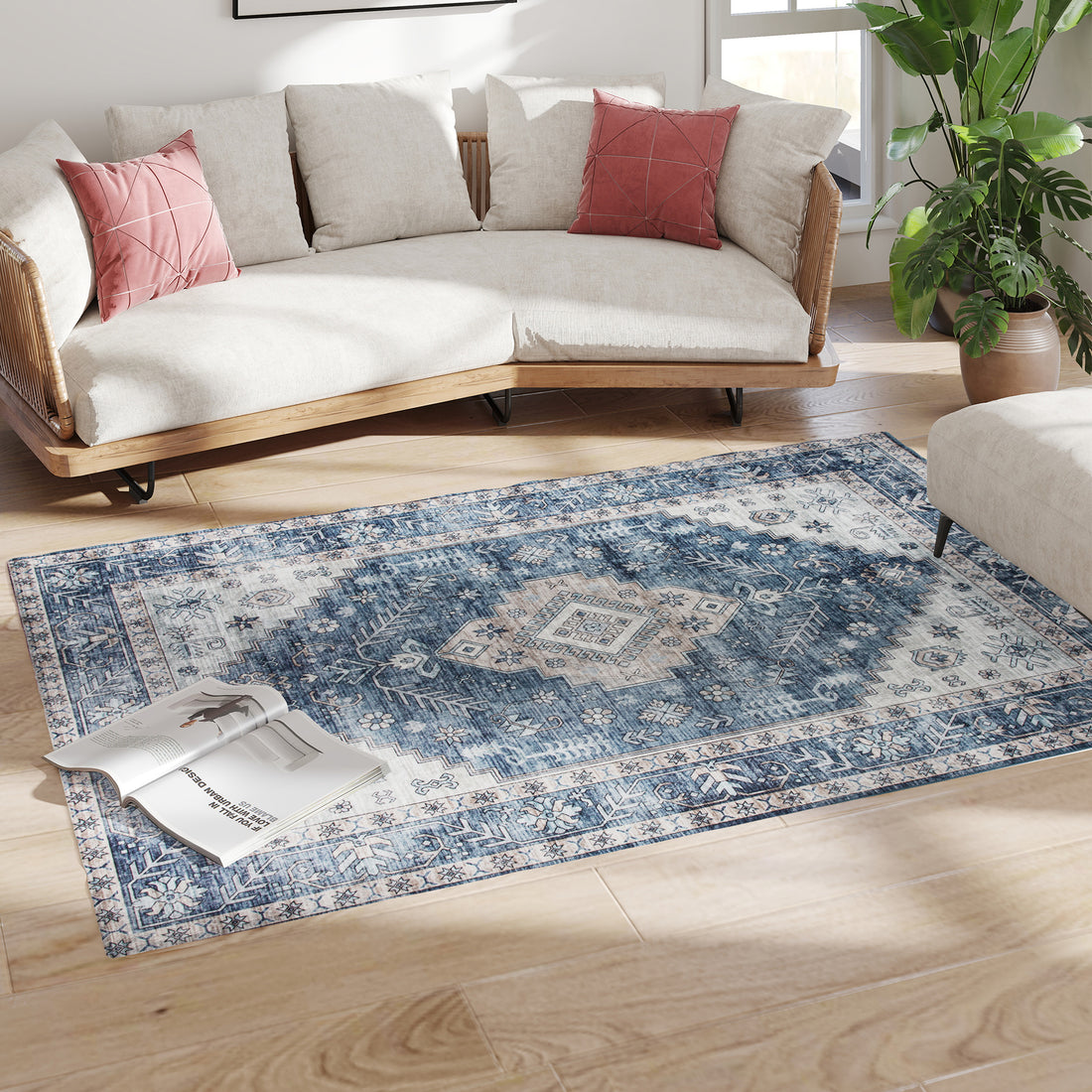 Blue vintage washable area rug, view 6