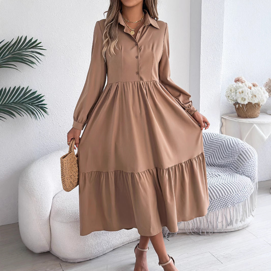 Khaki tiered shirt dress, full length
