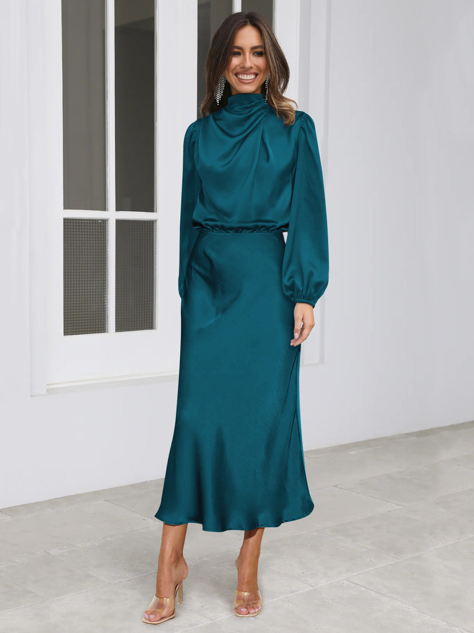Lake blue satin mock neck midi dress