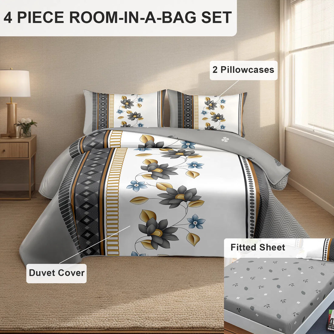Grey and white floral duvet cover set, view 2