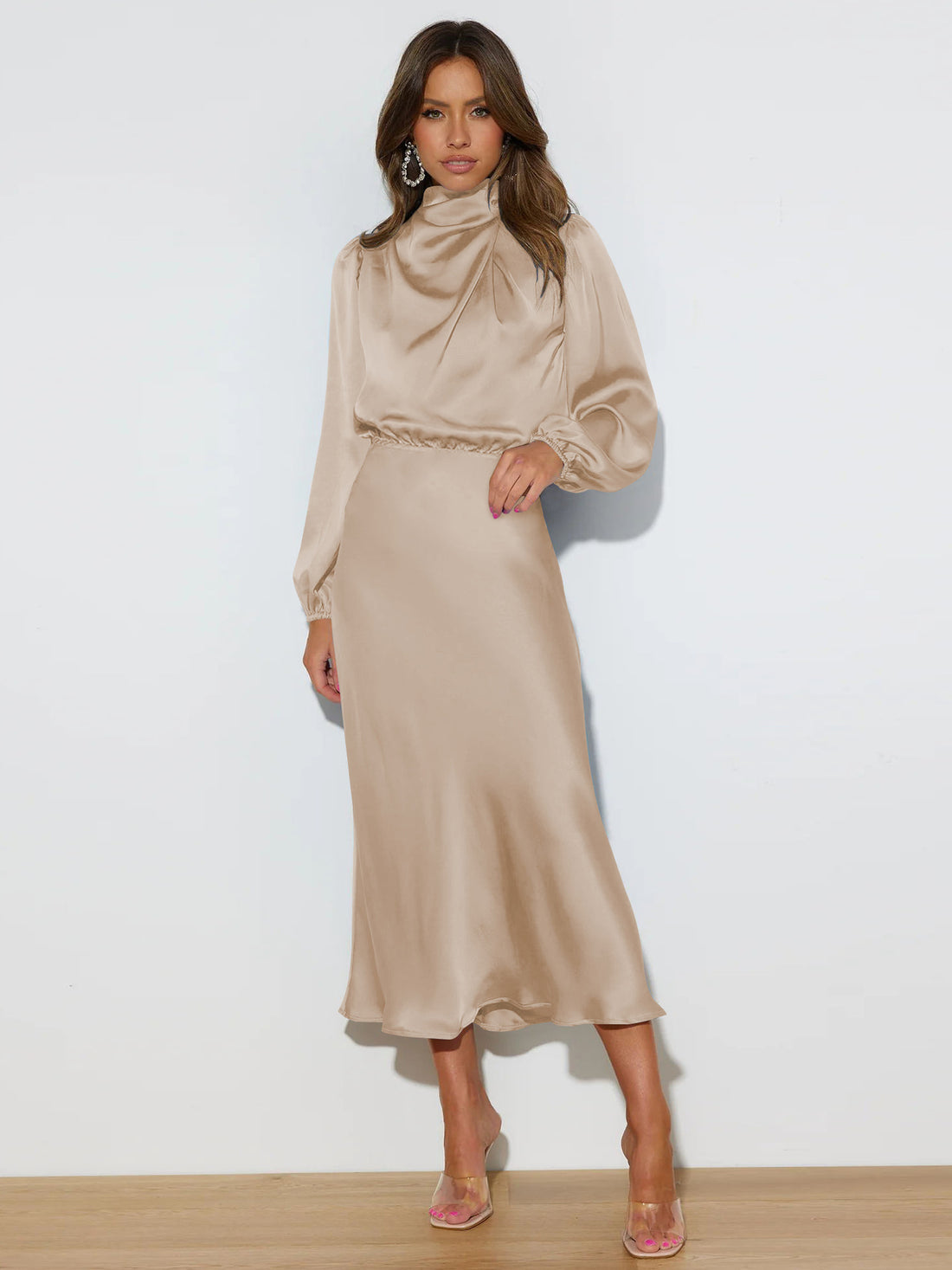 Apricot satin mock neck midi dress, full length