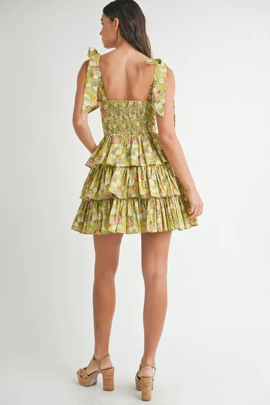 Floral Shoulder Tie Layered Mini Dress
