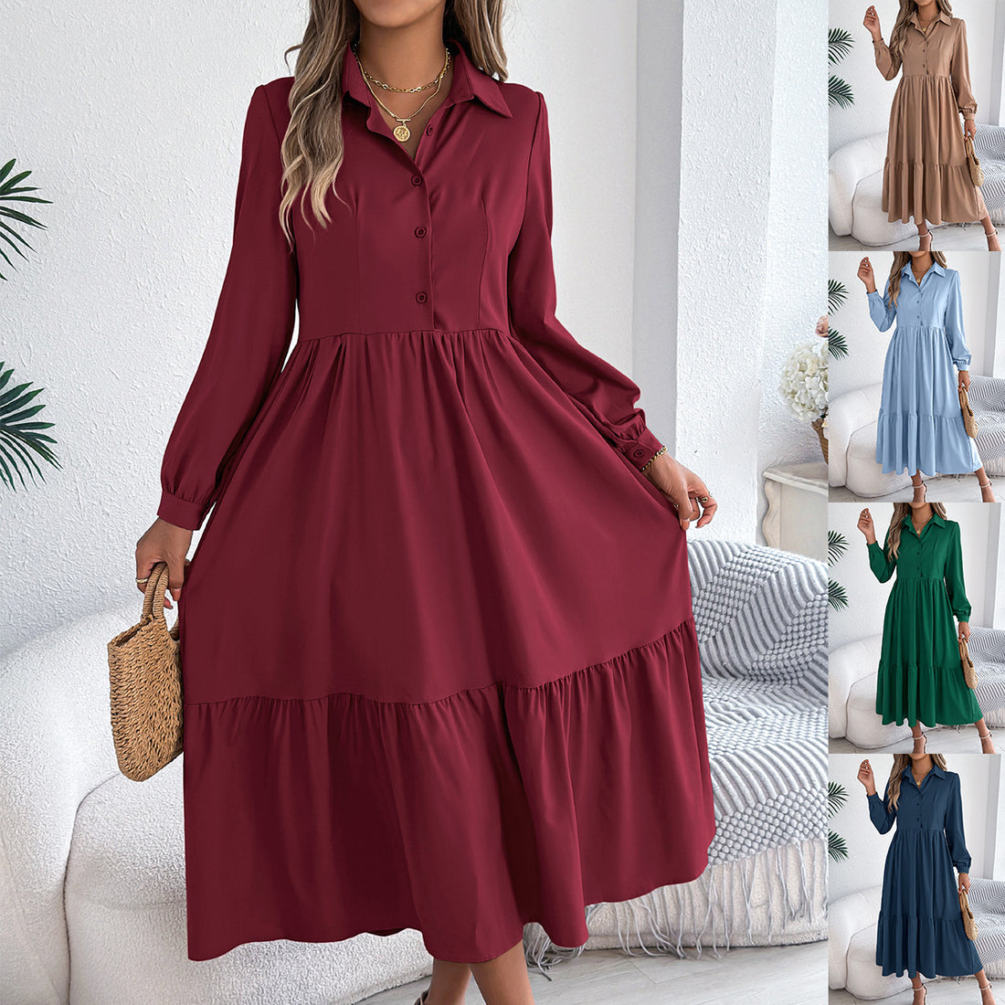 Wine red tiered shirt dress, with the other colors shown