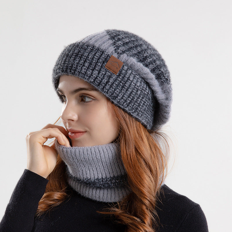 Two-tone gray slouchy knit beanie and neck warmer set
