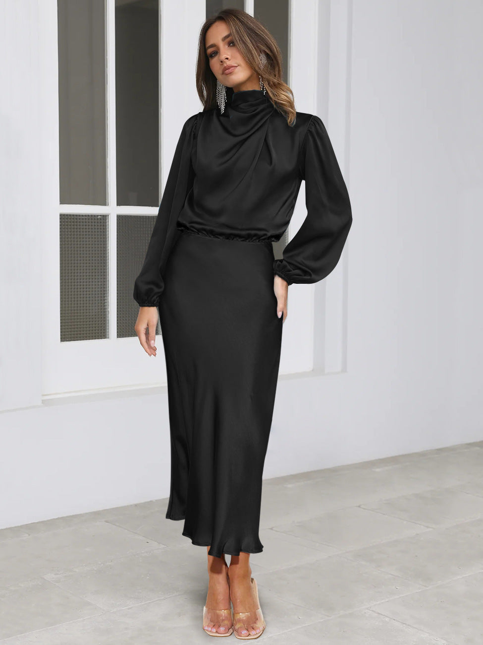 Black satin mock neck midi dress, front