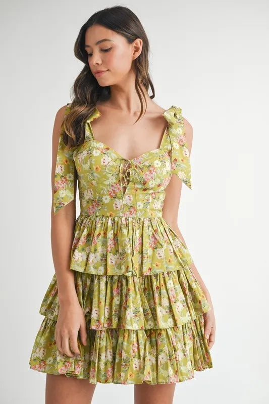 Floral Shoulder Tie Layered Mini Dress