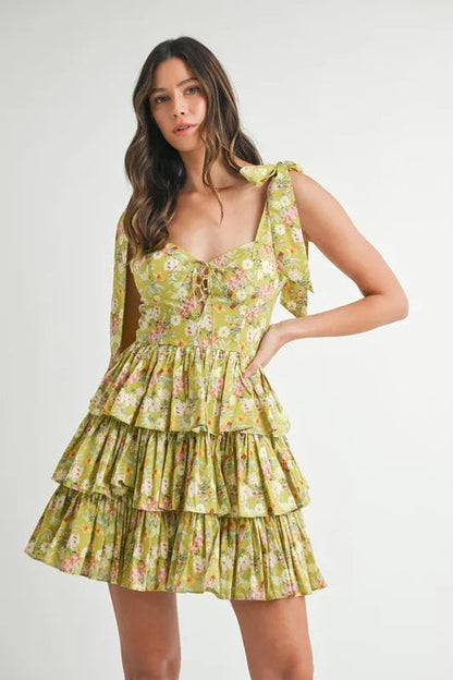Floral Shoulder Tie Layered Mini Dress
