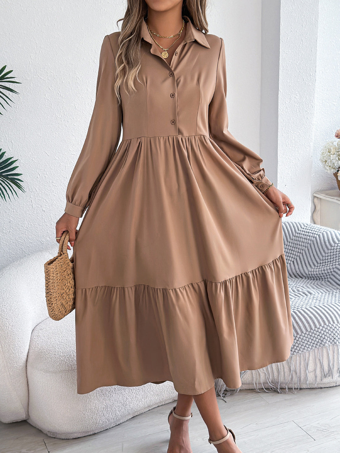 Khaki tiered shirt dress