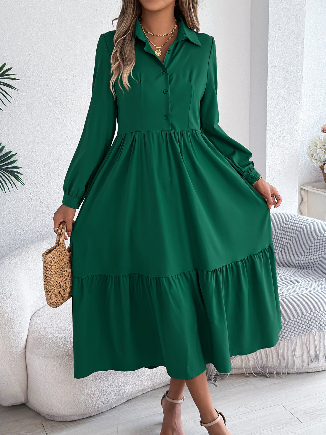 Dark green tiered shirt dress, full length
