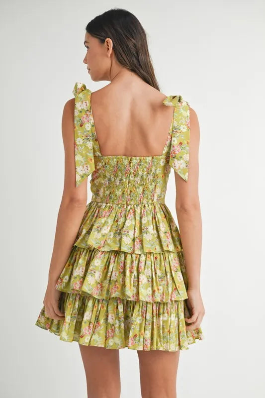 Floral Shoulder Tie Layered Mini Dress