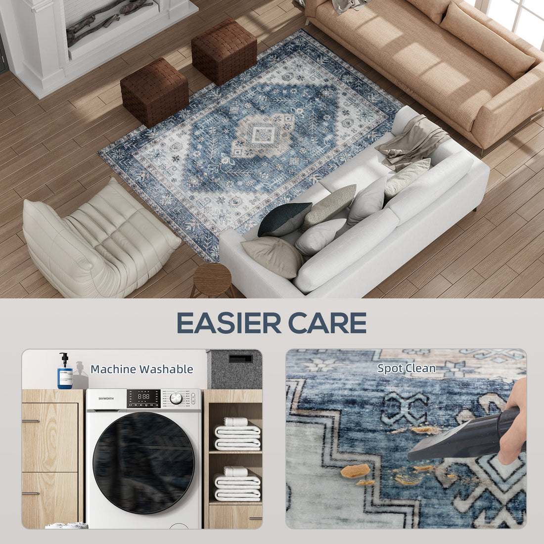 Blue vintage washable area rug, view 5