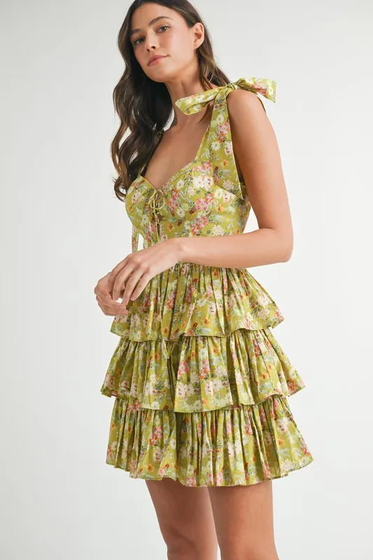 Floral Shoulder Tie Layered Mini Dress