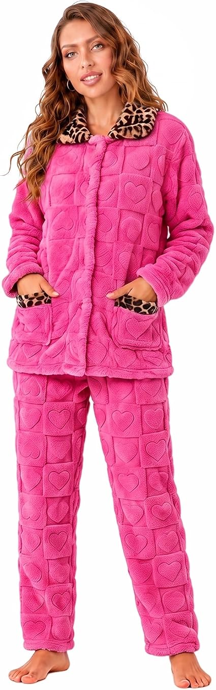 Women's fleece pajama set with leopard trim, view 10